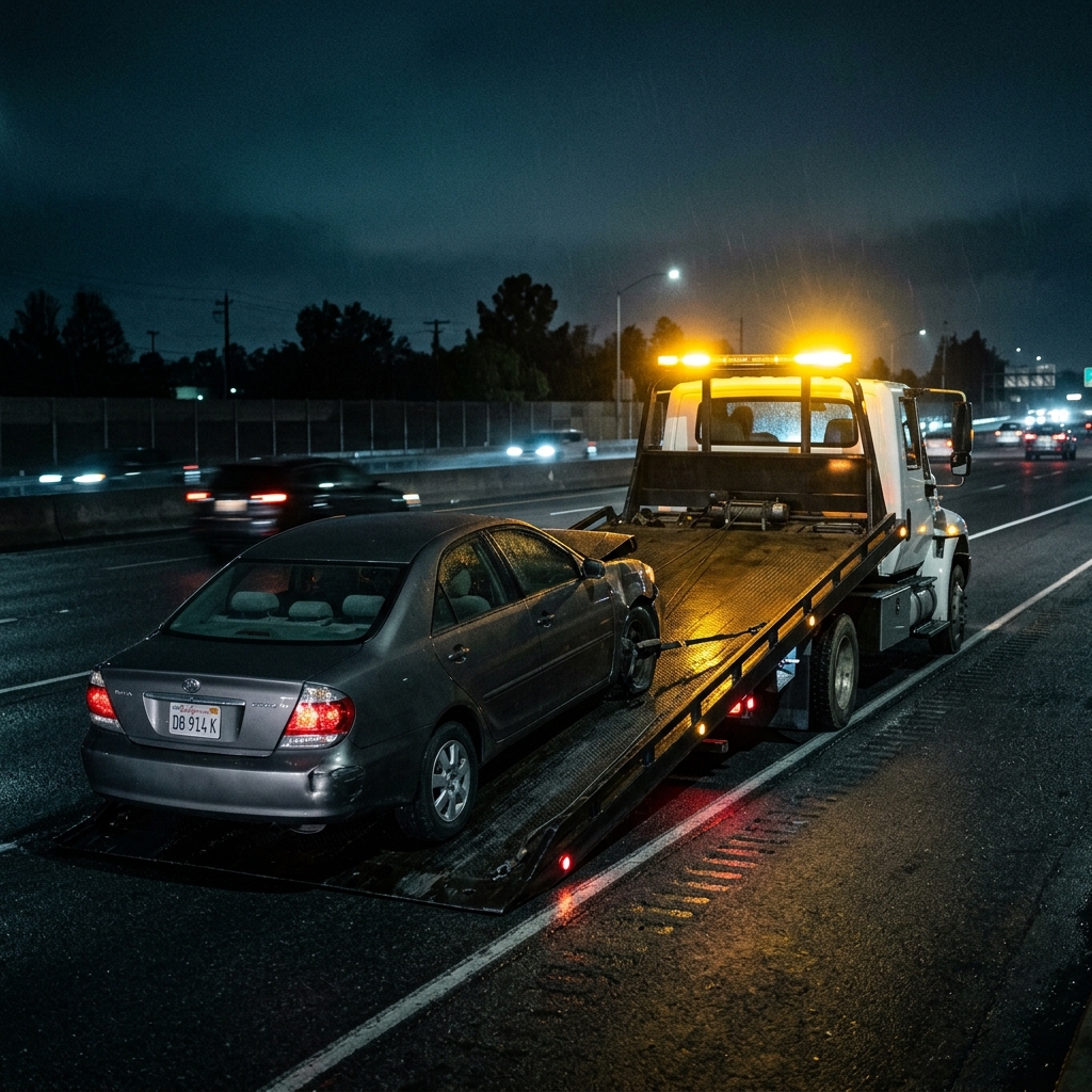 Flatbed tow truck carrying pickup truck at night in Murfreesboro
