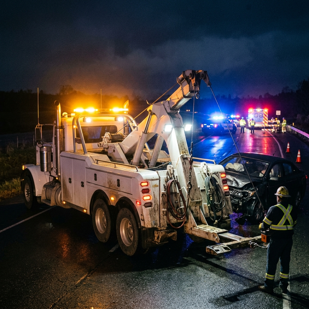 Accident recovery towing damaged vehicle